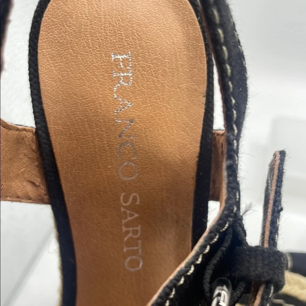 Franco Sarto Black Canvas Wedge Sandals, T strap, buckle side closure size 6.5
